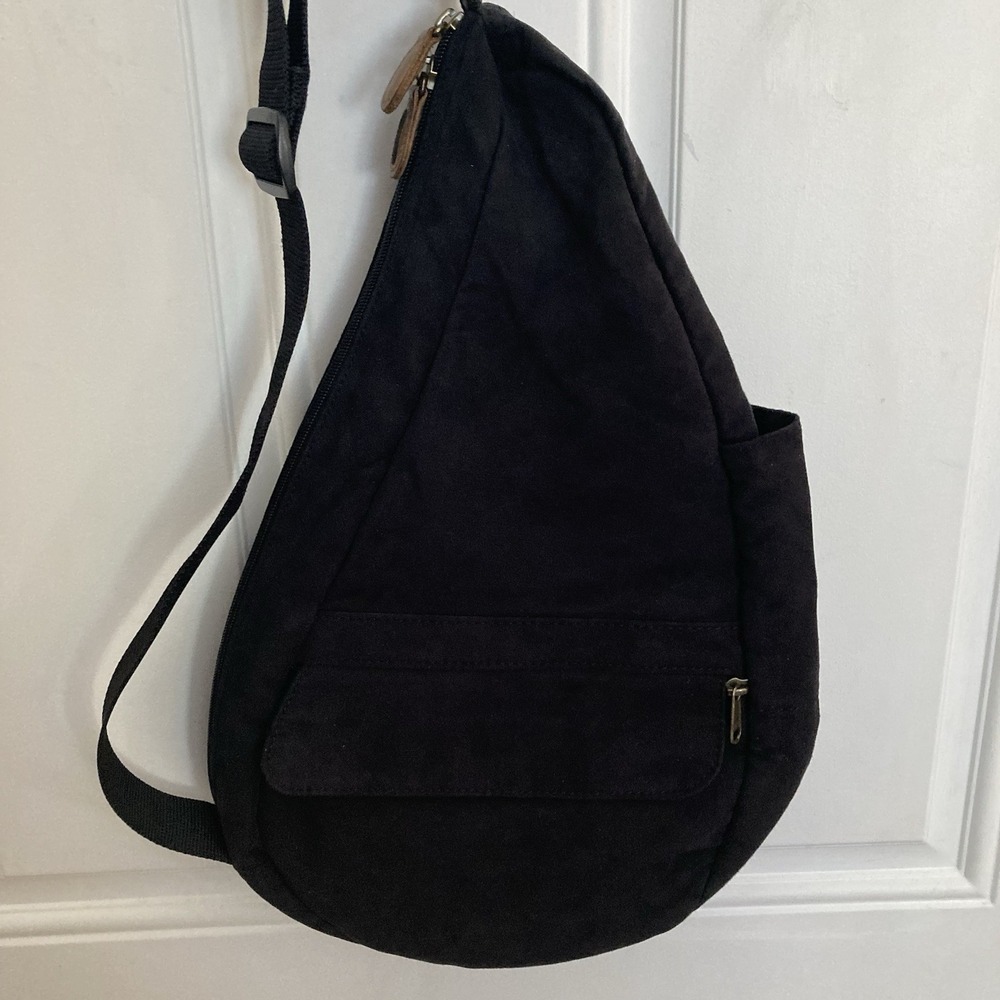 Vtg LL Bean AmeriBag Healthy Back Sling Backpack Black Microsuede 17" x 12" - Picture 2 of 14